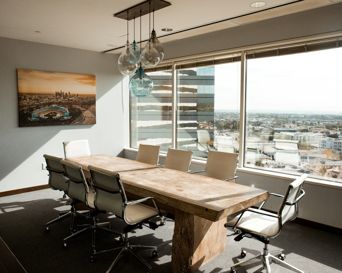 Boardroom overlooking a city skyline